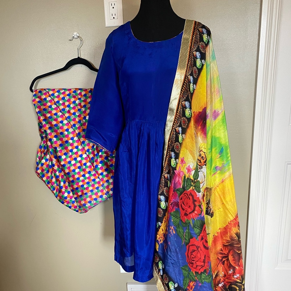 Blue salwar suit with multicolor dupatta